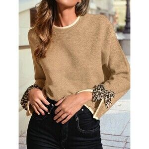 Women’s Leopard Trim Knit Bow Sweater Pullover with Animal Print